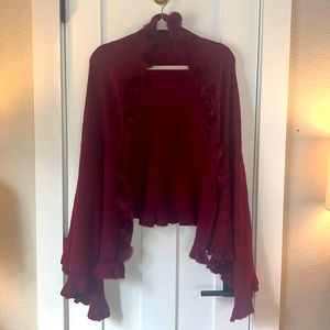 Burgundy Faux Fur Pom-Pom Trim Wrap Shawl Poncho Elegant Statement Piece